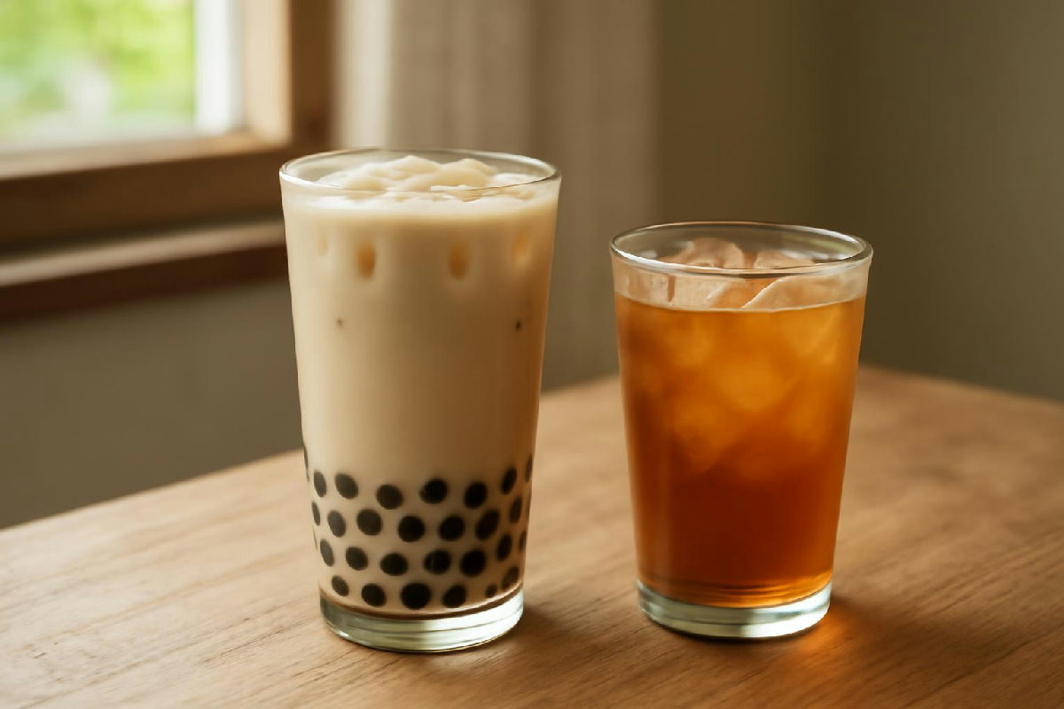 ly trà sữa trân châu cạnh ly trà đá không đường