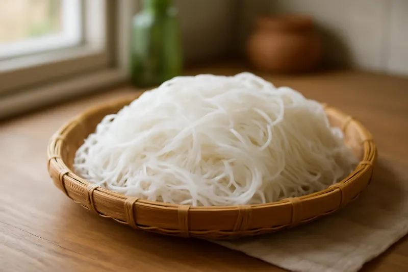 Bún tươi trắng sợi nhỏ xếp trong rổ tre trên bàn bếp