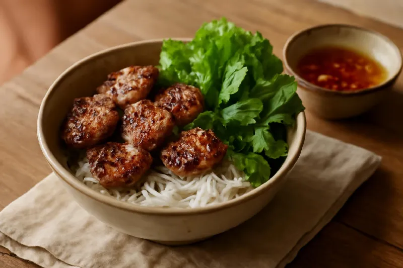 Tô bún chả với chả nướng, bún rau sống và nước mắm chua ngọt