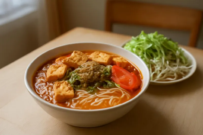 Tô bún riêu cua với đậu phụ, cà chua và rau sống