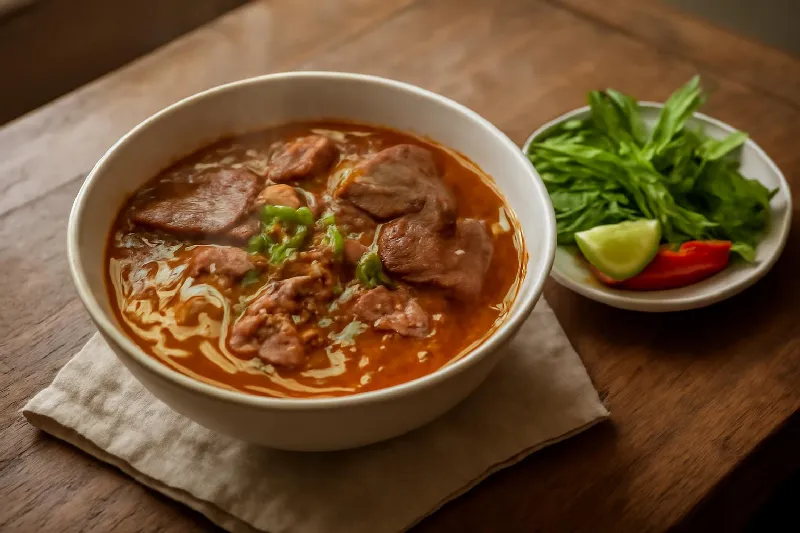 Tô bún bò Huế nóng kèm rau sống trên bàn ăn gia đình Việt