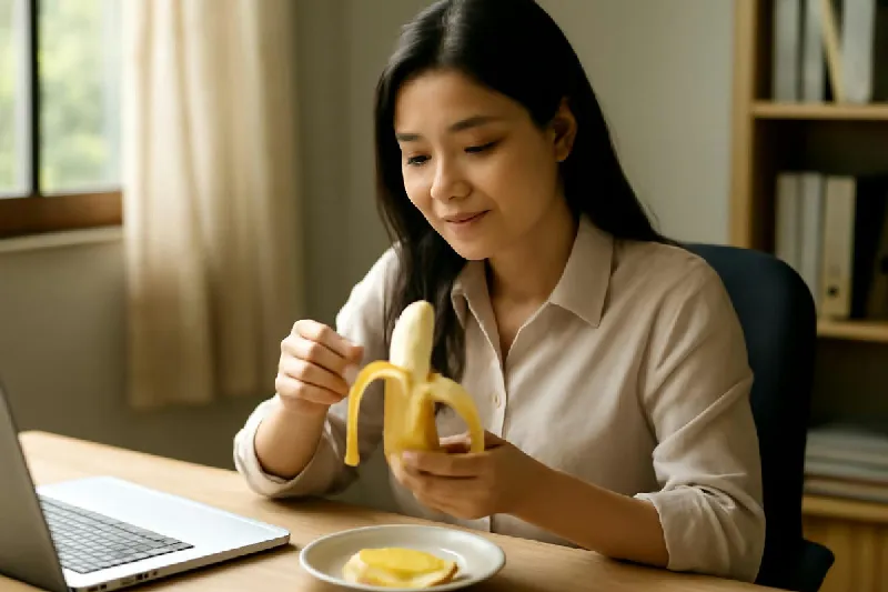 Người đang bóc chuối chín vàng ăn nhẹ giữa buổi làm việc