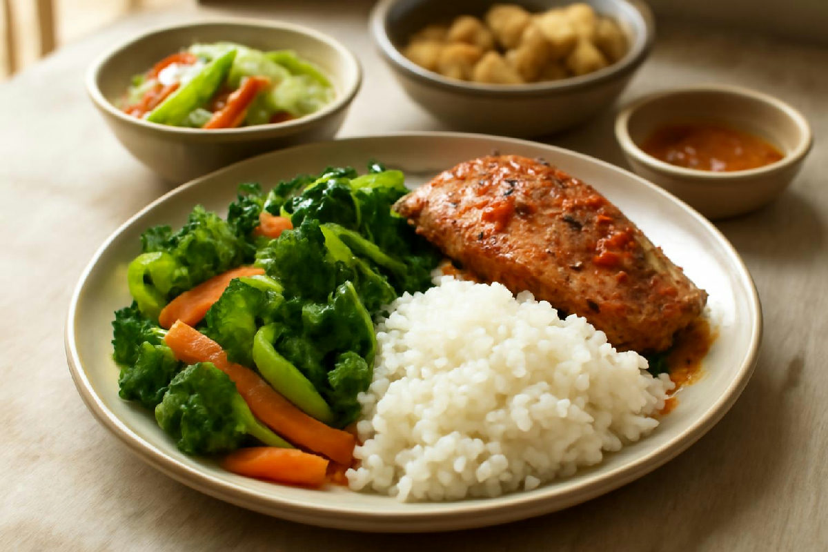 Đĩa cơm chia một nửa rau, một phần cá và cơm
