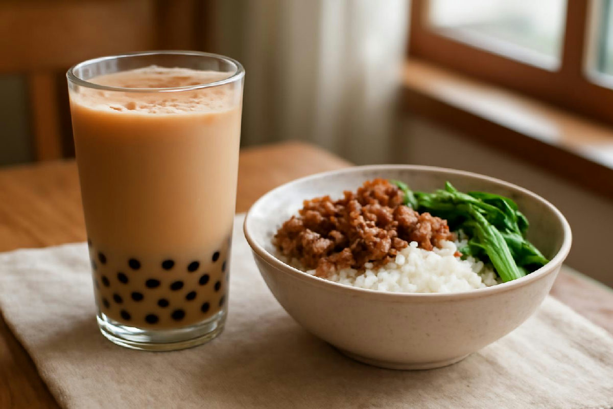 Ly trà sữa trân châu đặt cạnh bát cơm thịt rau trên bàn ăn