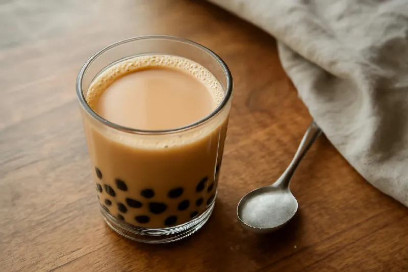 Ly trà sữa trân châu và thìa đường trên bàn gỗ