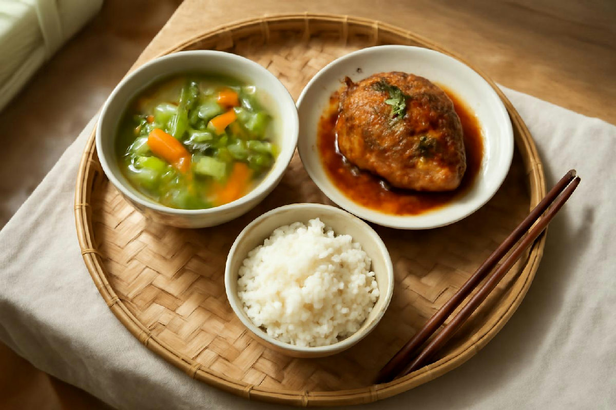 Bát canh rau và đĩa cá kho được nêm vừa miệng trên mâm cơm Việt