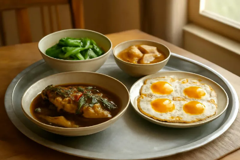 Mâm cơm Việt có cá kho, trứng chiên, đậu phụ và rau luộc