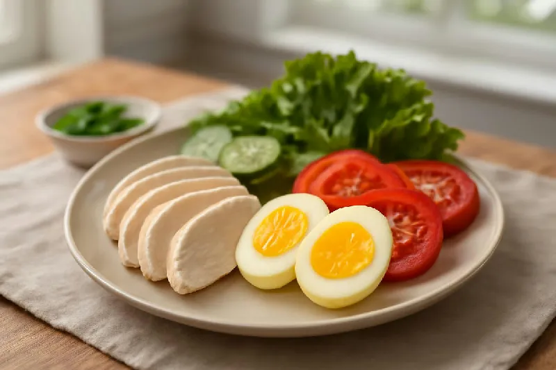 Đĩa ức gà luộc, trứng và rau củ chuẩn bị cho bữa ăn nhiều đạm