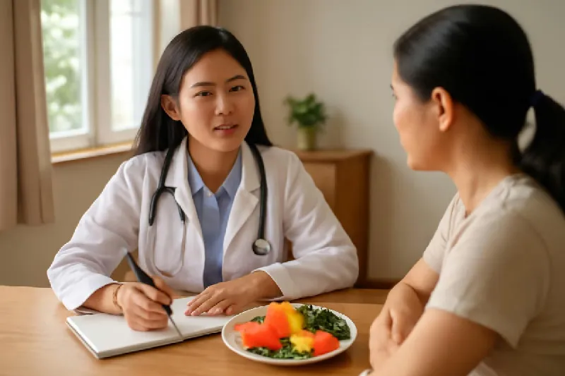 Bác sĩ tư vấn dinh dưỡng cho người bệnh tại phòng khám