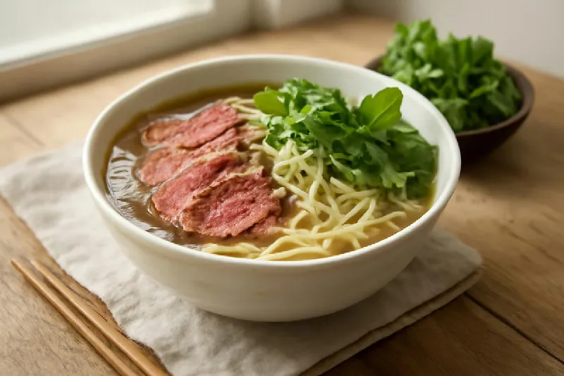 Tô phở bò vừa với thịt bò, bánh phở và rau thơm