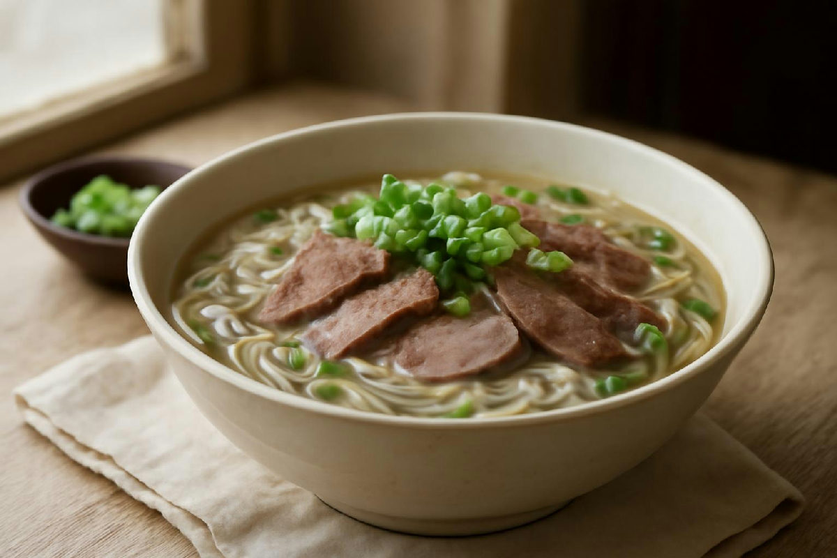 Tô phở bò vừa với bánh phở, thịt bò và hành lá