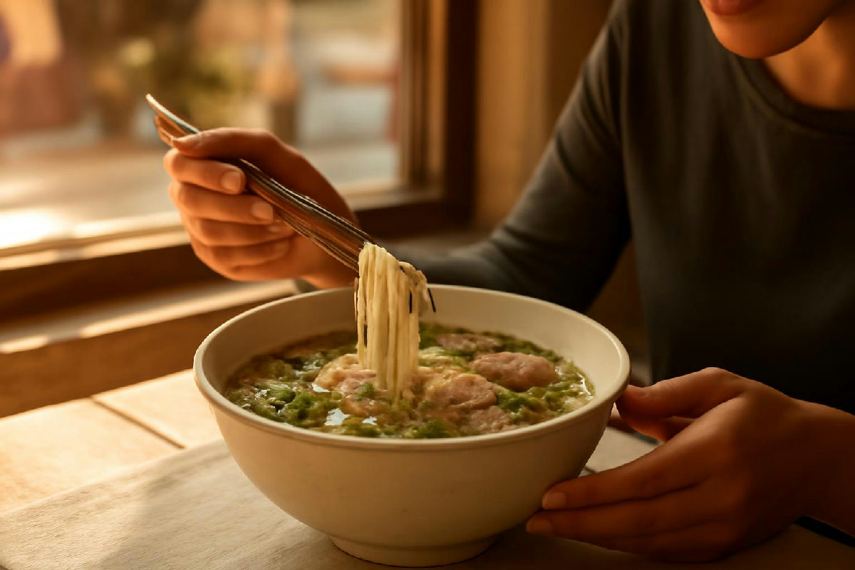 Người ăn phở buổi sáng ở quán, bát phở và đũa