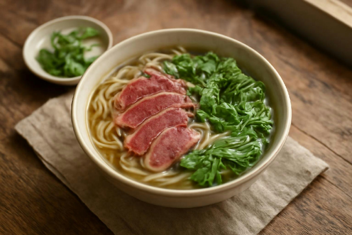 Tô phở bò tái nóng hổi với hành lá và rau thơm trên bàn gỗ