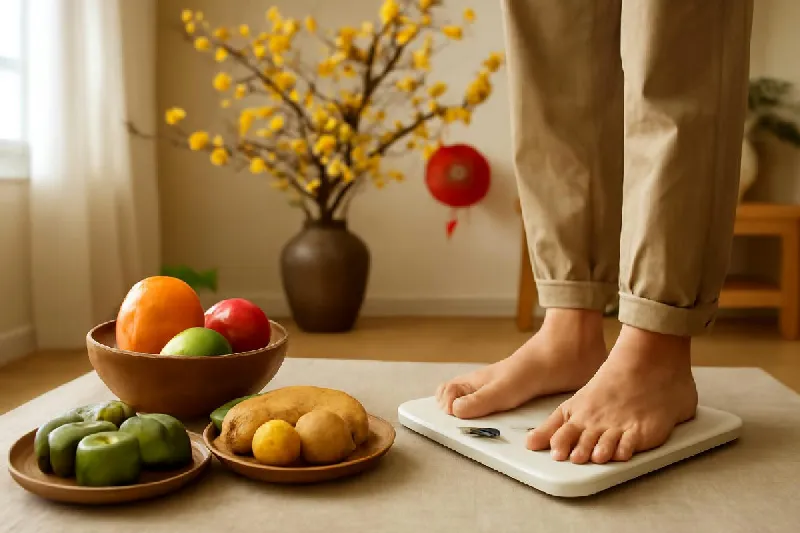 Người đứng cân trên cân sức khỏe trong phòng khách ngày Tết