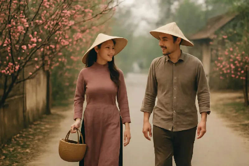 Hai người đi bộ trên con đường làng buổi sáng ngày Tết