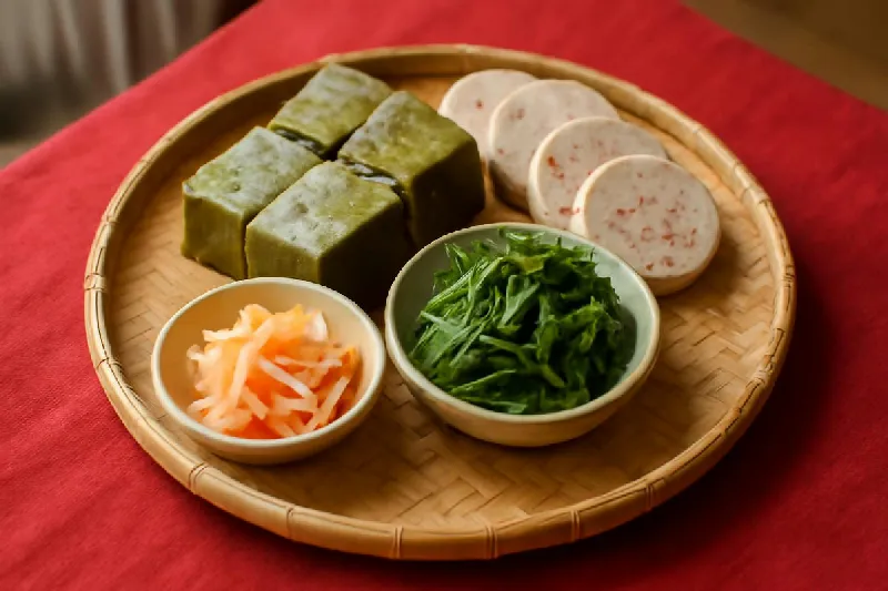 Mâm cỗ Tết Việt Nam có bánh chưng, giò chả, dưa hành và rau luộc