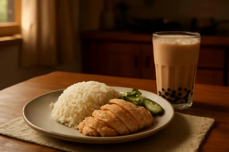 Đĩa cơm gà và ly trà sữa trên bàn ăn buổi tối muộn