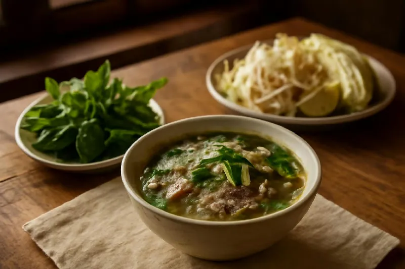 Bát phở bò nhỏ và đĩa rau sống bày trên bàn ăn tối