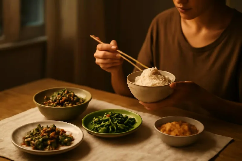 Bàn ăn tối món Việt dưới đèn vàng, một người ăn một mình lúc khuya