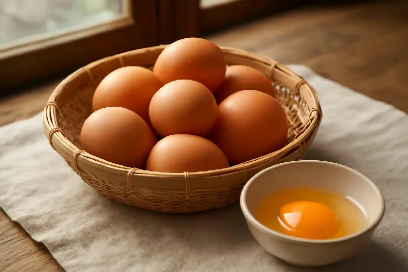 Trứng gà tươi xếp trong rổ tre cạnh bát trứng đã đập