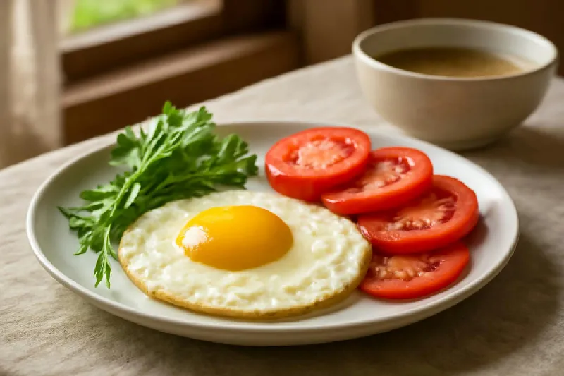 Trứng ốp la ăn cùng cà chua và rau sống trên đĩa trắng