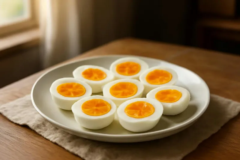 Đĩa trứng luộc bổ đôi để lộ lòng đỏ trên bàn bếp gia đình Việt