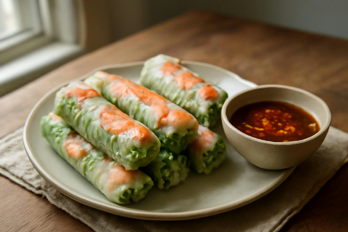 Đĩa gỏi cuốn tôm thịt cuộn gọn kèm chén nước chấm