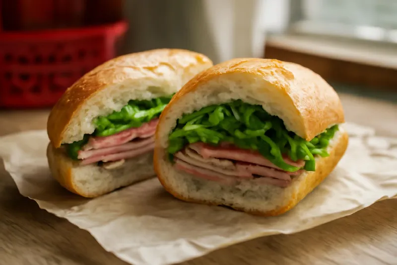 bánh mì thịt nhân pate chả và dưa leo cắt đôi