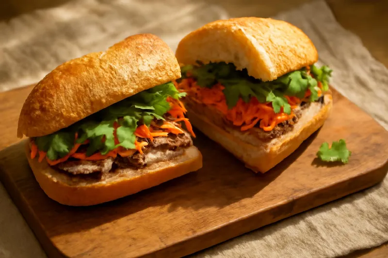 ổ bánh mì Việt Nam cắt đôi trên thớt gỗ, nhân thịt rau