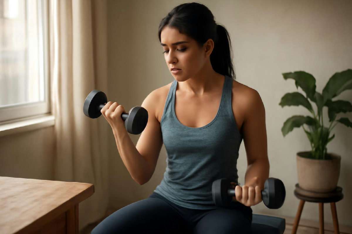 người phụ nữ tập tạ giữ khối cơ để duy trì trao đổi chất