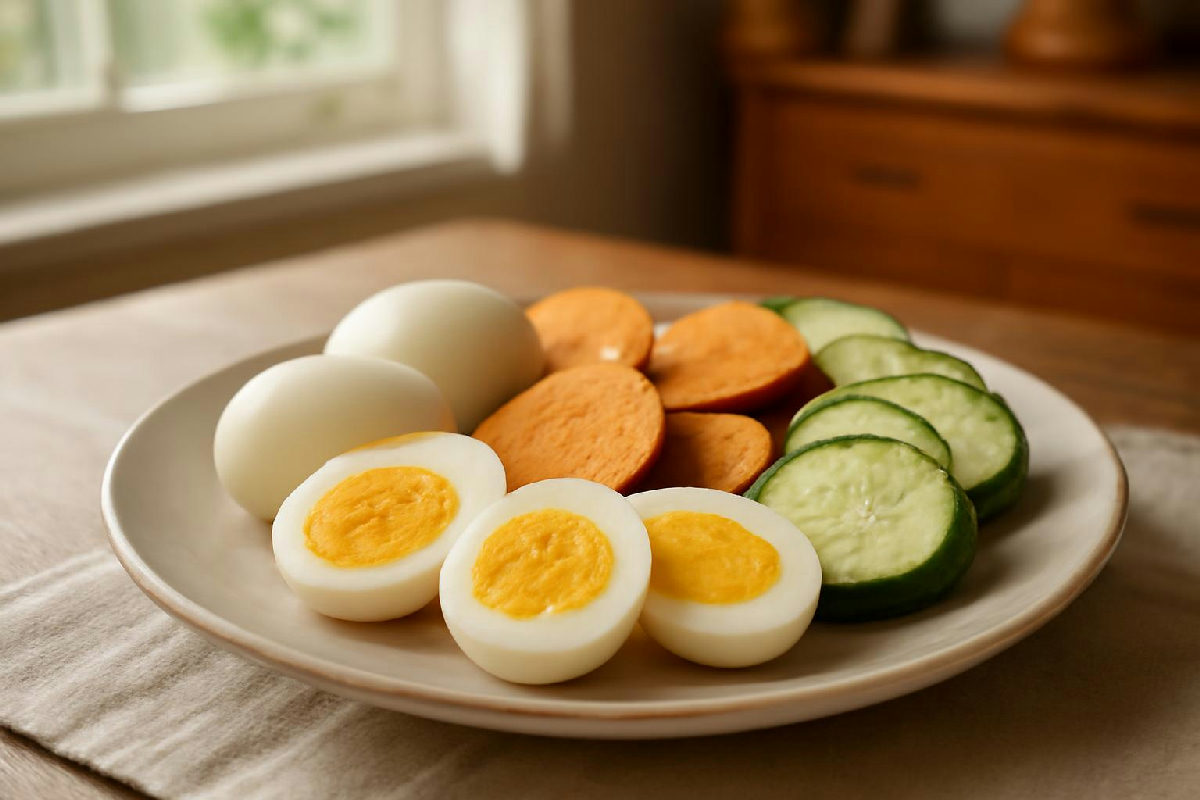 Bữa sáng giảm cân với trứng luộc, khoai lang và rau