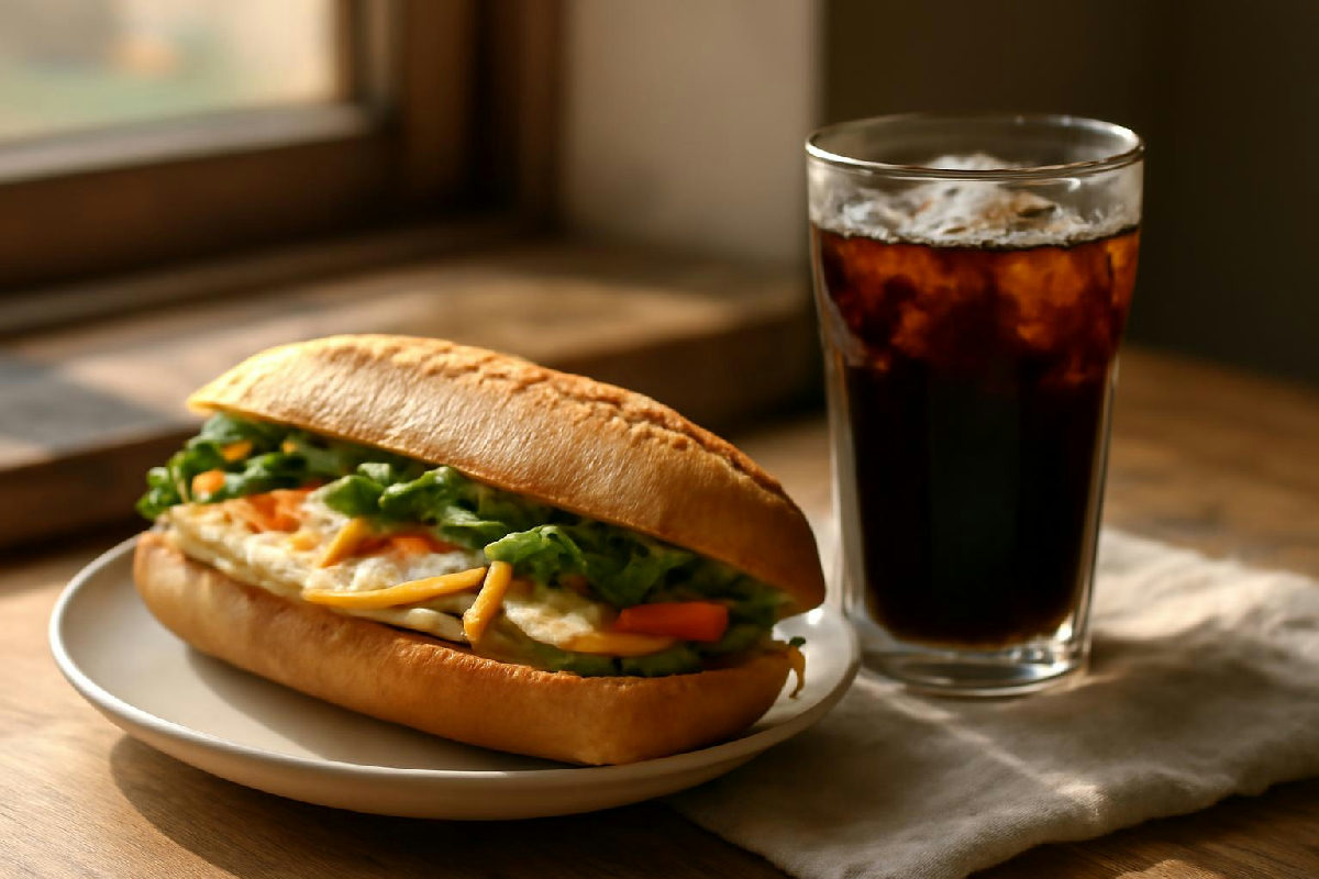 Ly cà phê đen không đường bên ổ bánh mì trứng