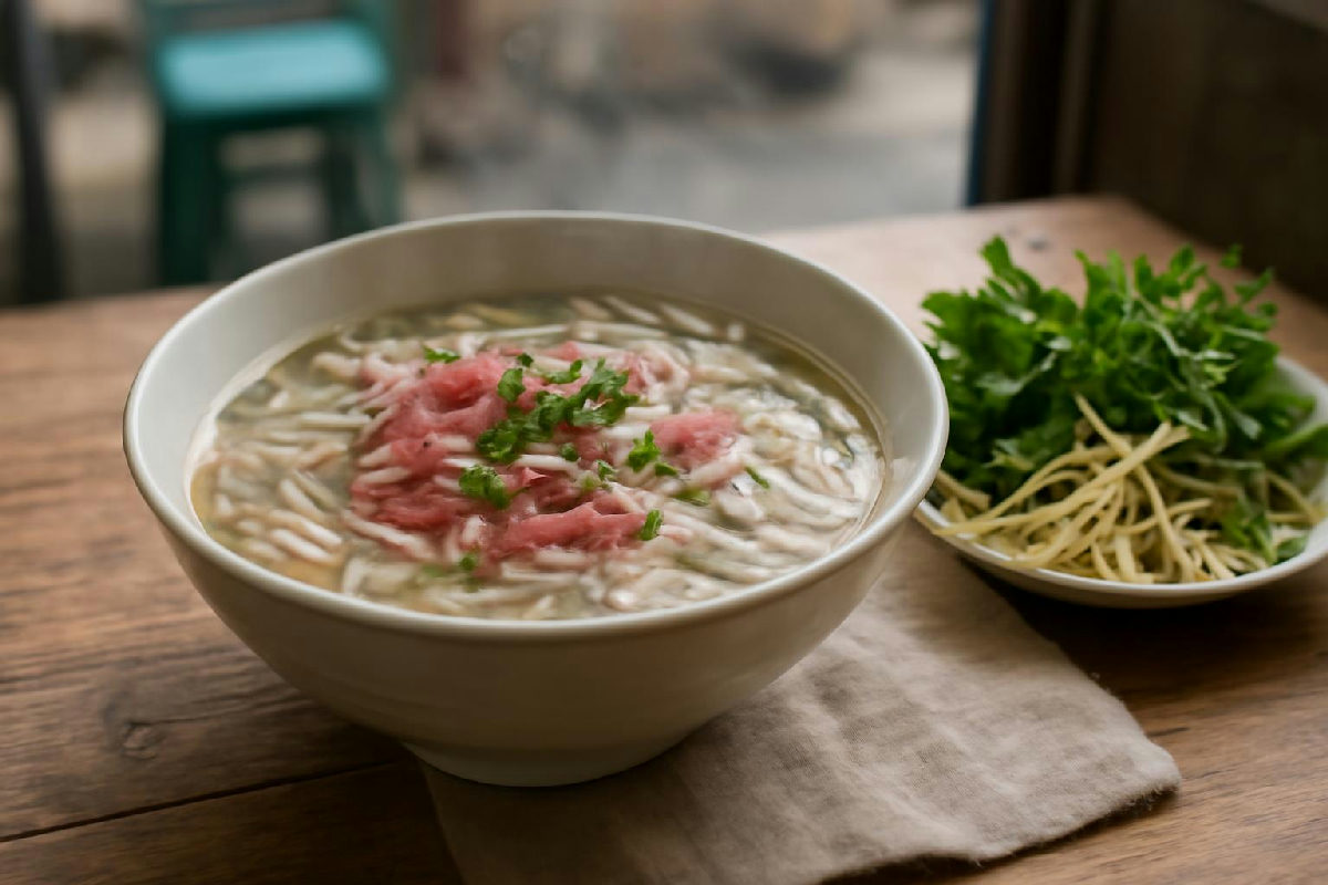 Tô phở bò tái ít bánh, nhiều rau thơm buổi sáng