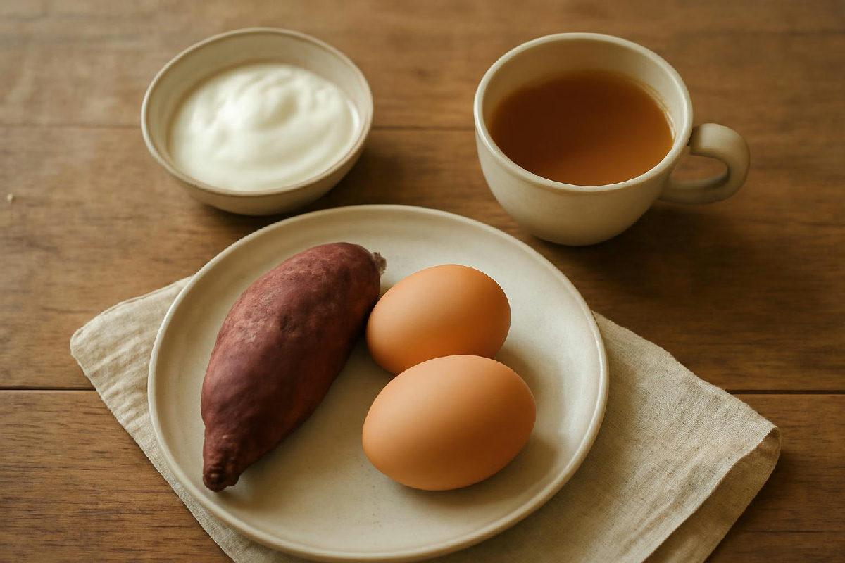 Bữa sáng giảm cân với trứng luộc, khoai lang và sữa chua