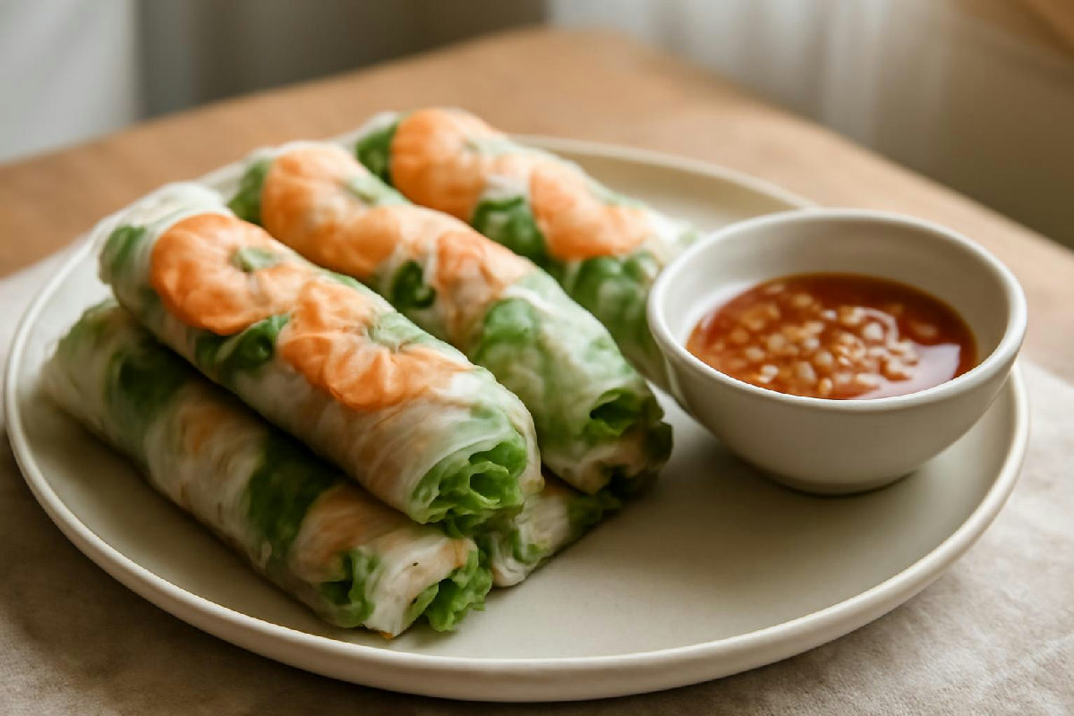 Đĩa gỏi cuốn tôm thịt với rau sống và chén nước chấm
