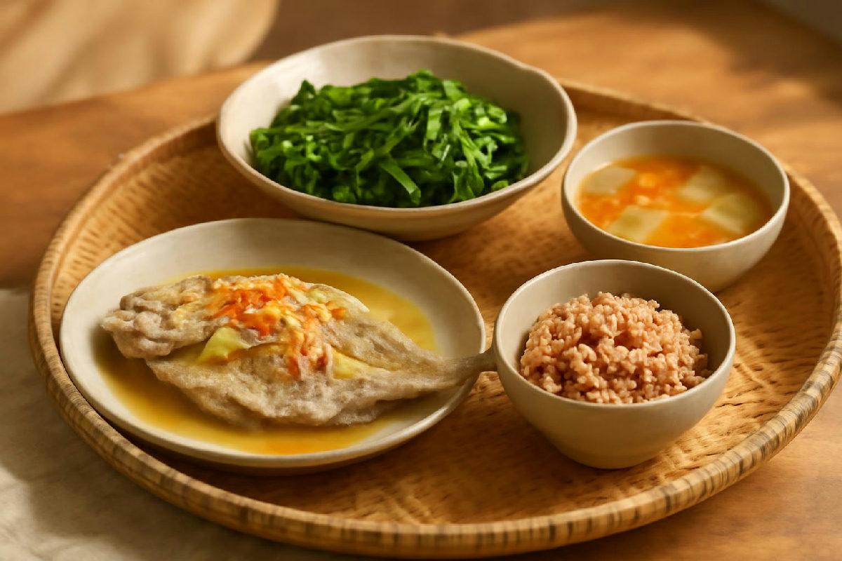 Mâm cơm tối giảm cân có rau luộc, cá nướng và cơm gạo lứt