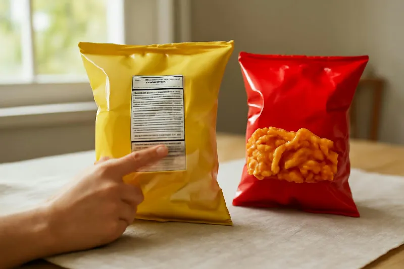 Hai gói đồ ăn vặt đặt cạnh nhau để so sánh nhãn