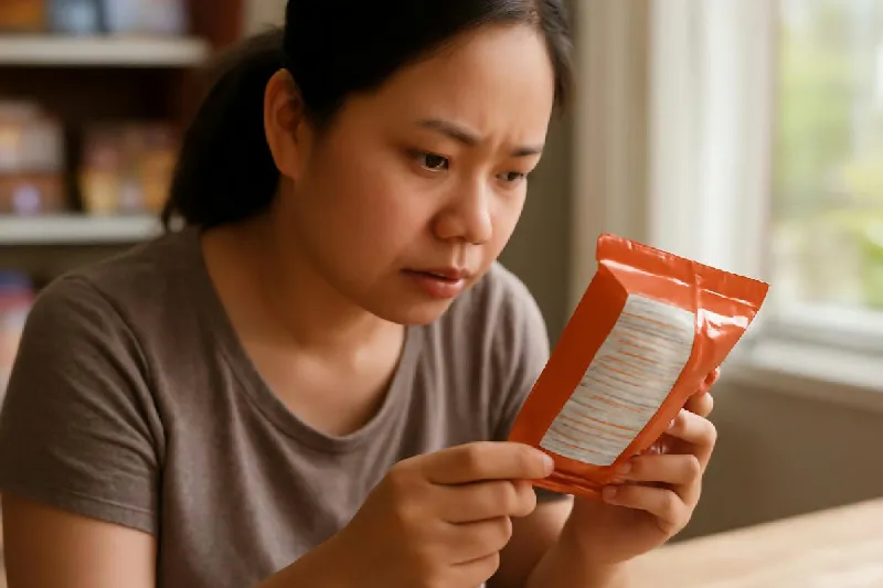 Người cầm gói thực phẩm đọc bảng nhãn dinh dưỡng trong siêu thị