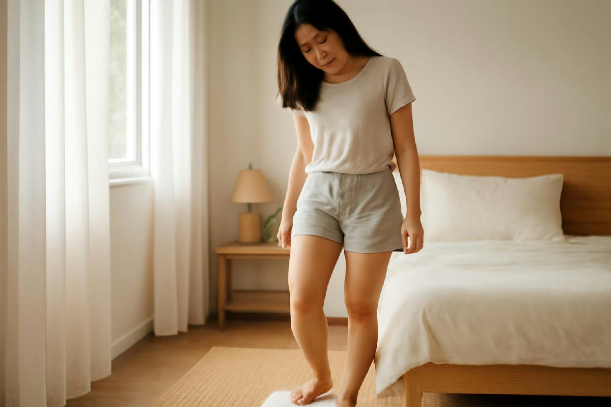 Người phụ nữ đứng cân sức khỏe buổi sáng trong phòng ngủ