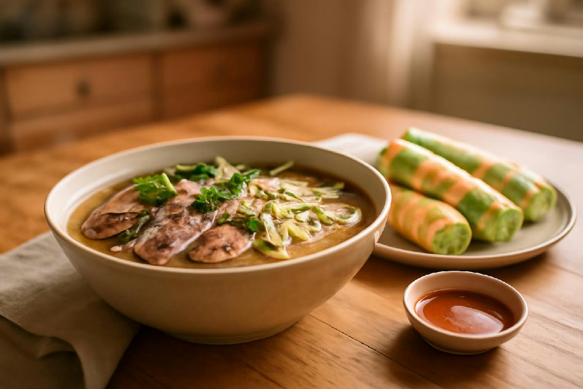 Tô phở bò và đĩa gỏi cuốn đặt trên bàn ăn gia đình