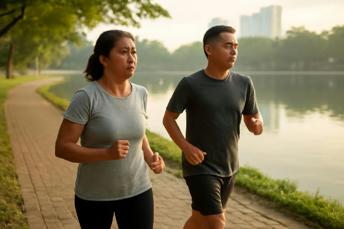 Người đi bộ nhanh buổi sáng trong công viên cạnh hồ