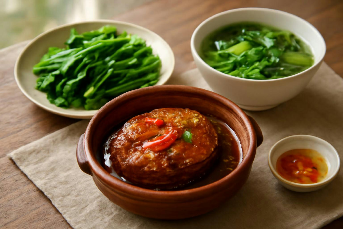 Mâm cơm Việt có cá kho, rau luộc và canh rau