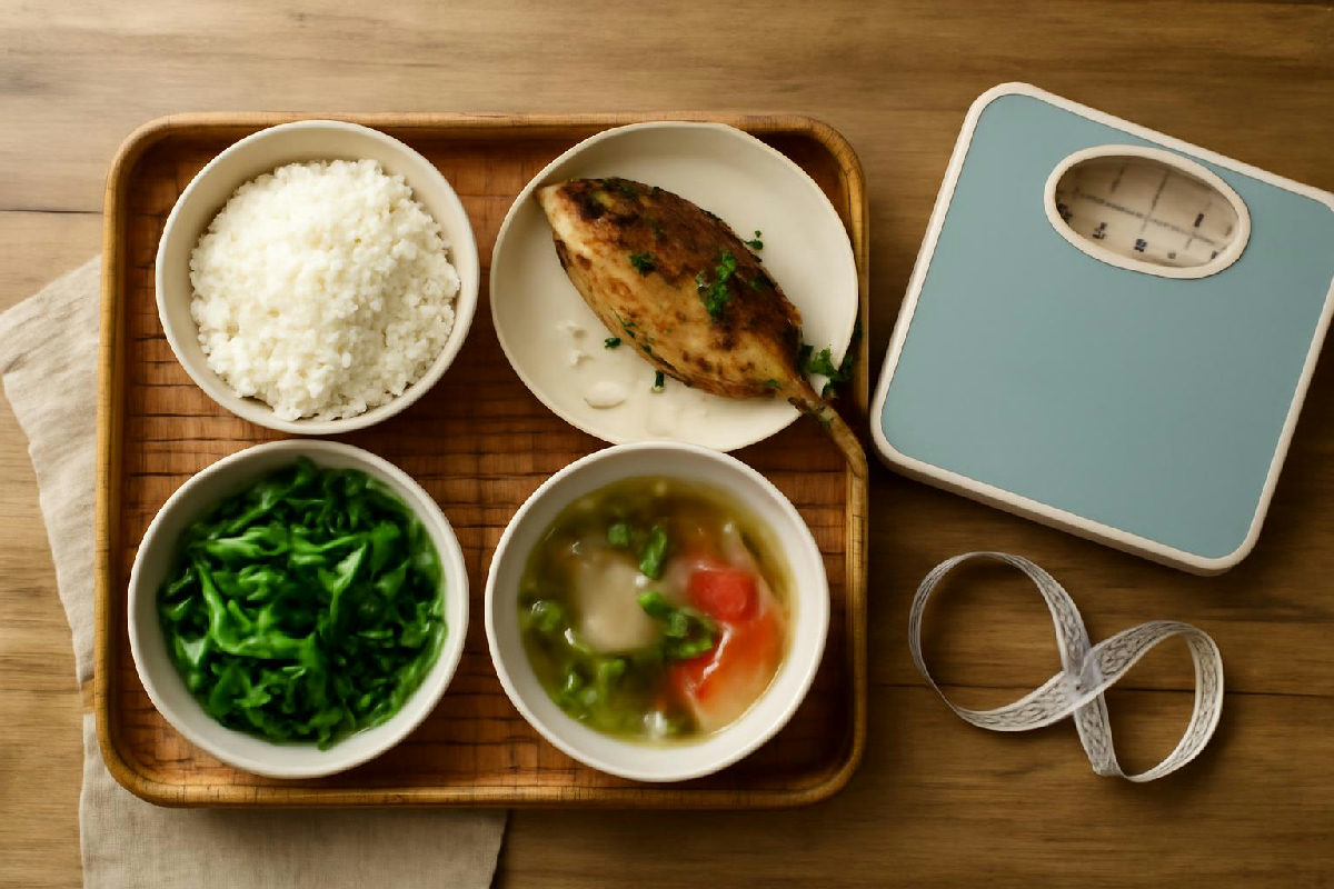 Mâm cơm Việt đủ rau, thịt, canh đặt cạnh cái cân và thước dây