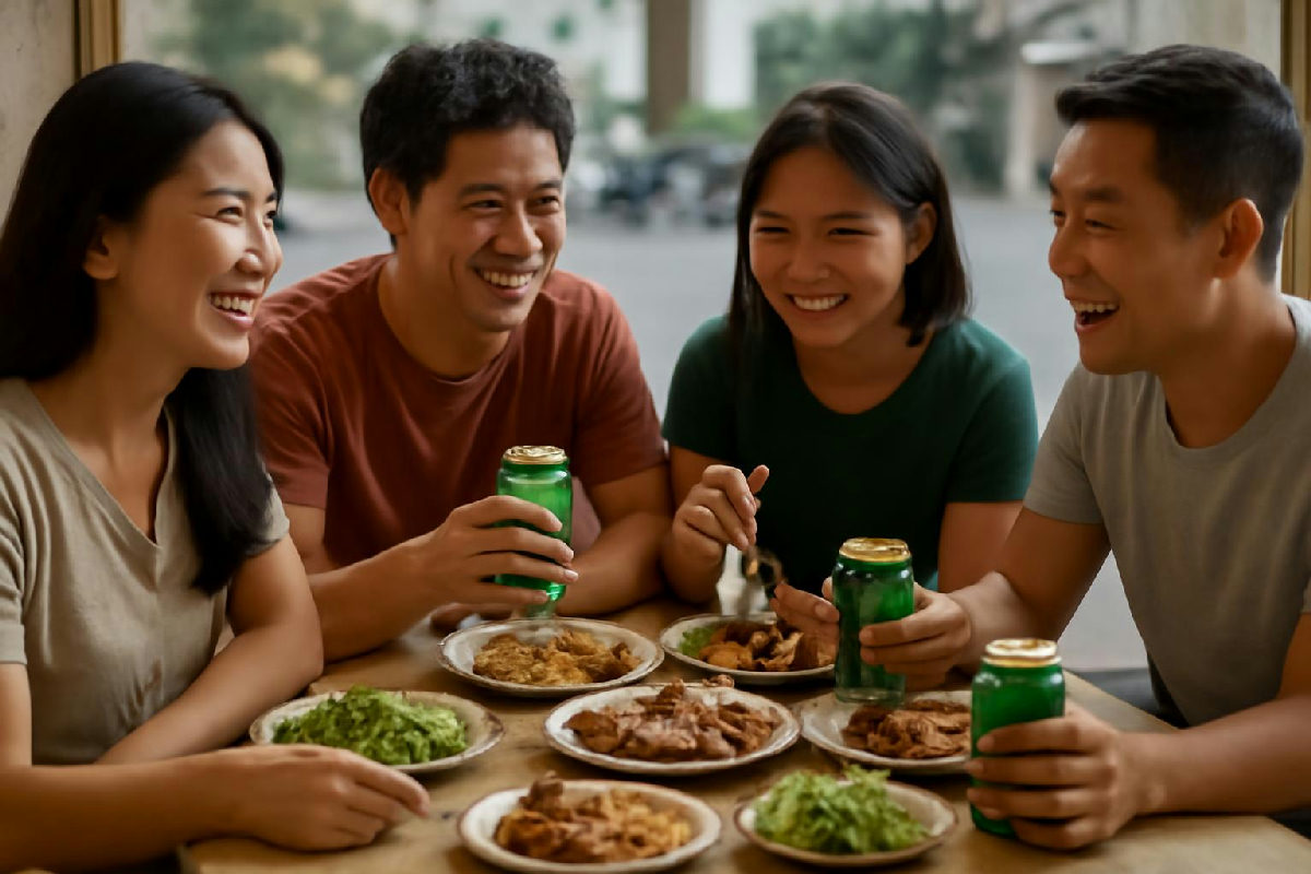 Khay cơm gồm cá kho, đậu phụ luộc, rau muống và canh bí