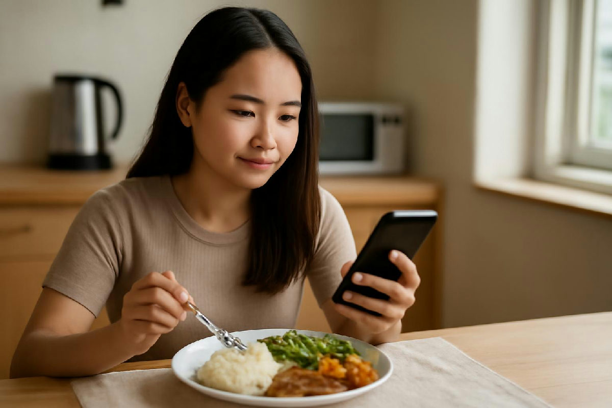 Người ghi bữa ăn trên điện thoại cạnh đĩa cơm để tính calo