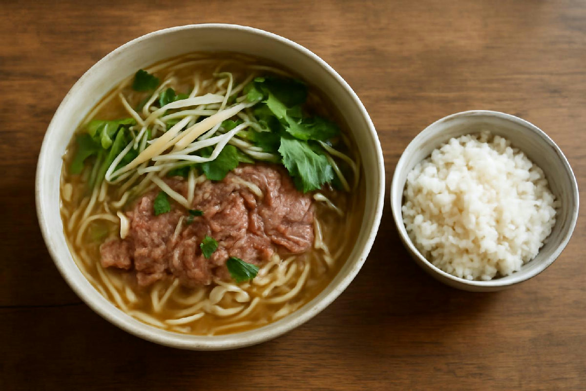 tô phở bò tái cỡ vừa đặt cạnh chén cơm trắng