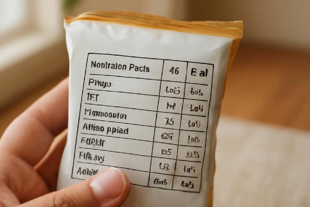 Nhãn thông tin dinh dưỡng trên gói bánh có ghi kcal và kJ