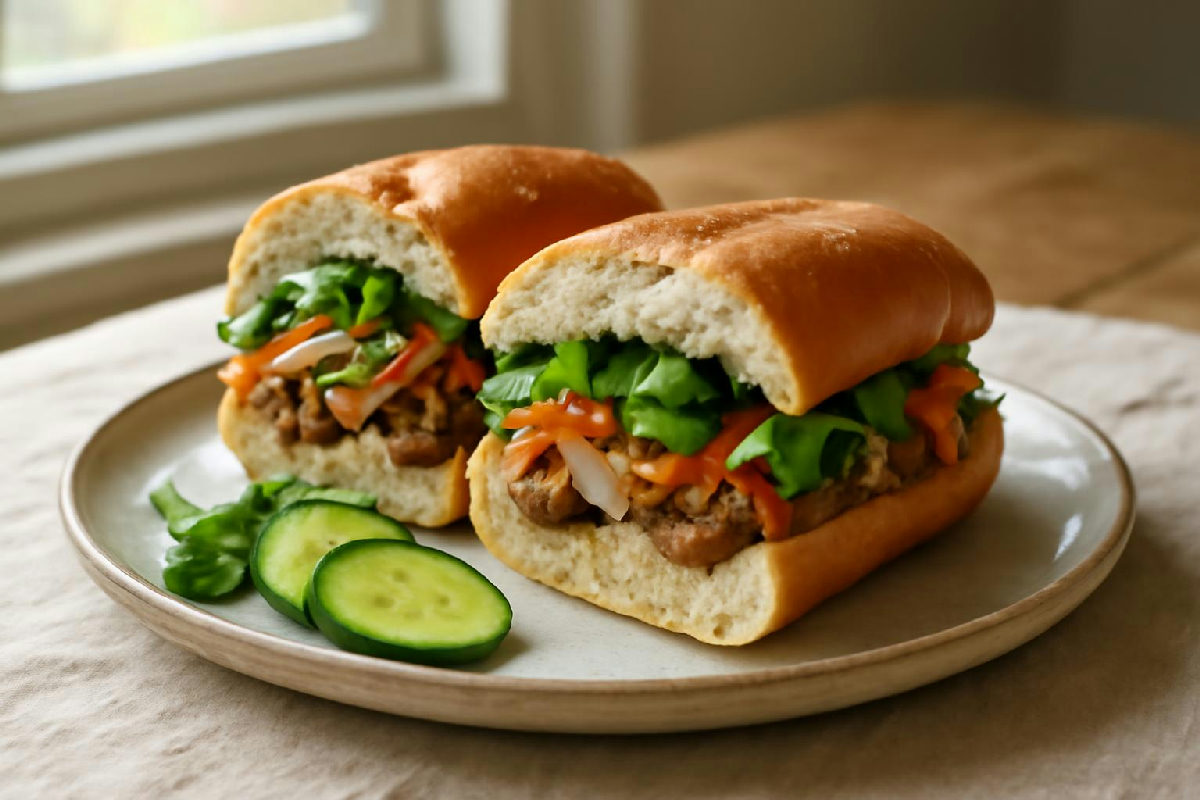 Ổ bánh mì thịt cắt đôi trên đĩa cạnh dưa leo và rau thơm