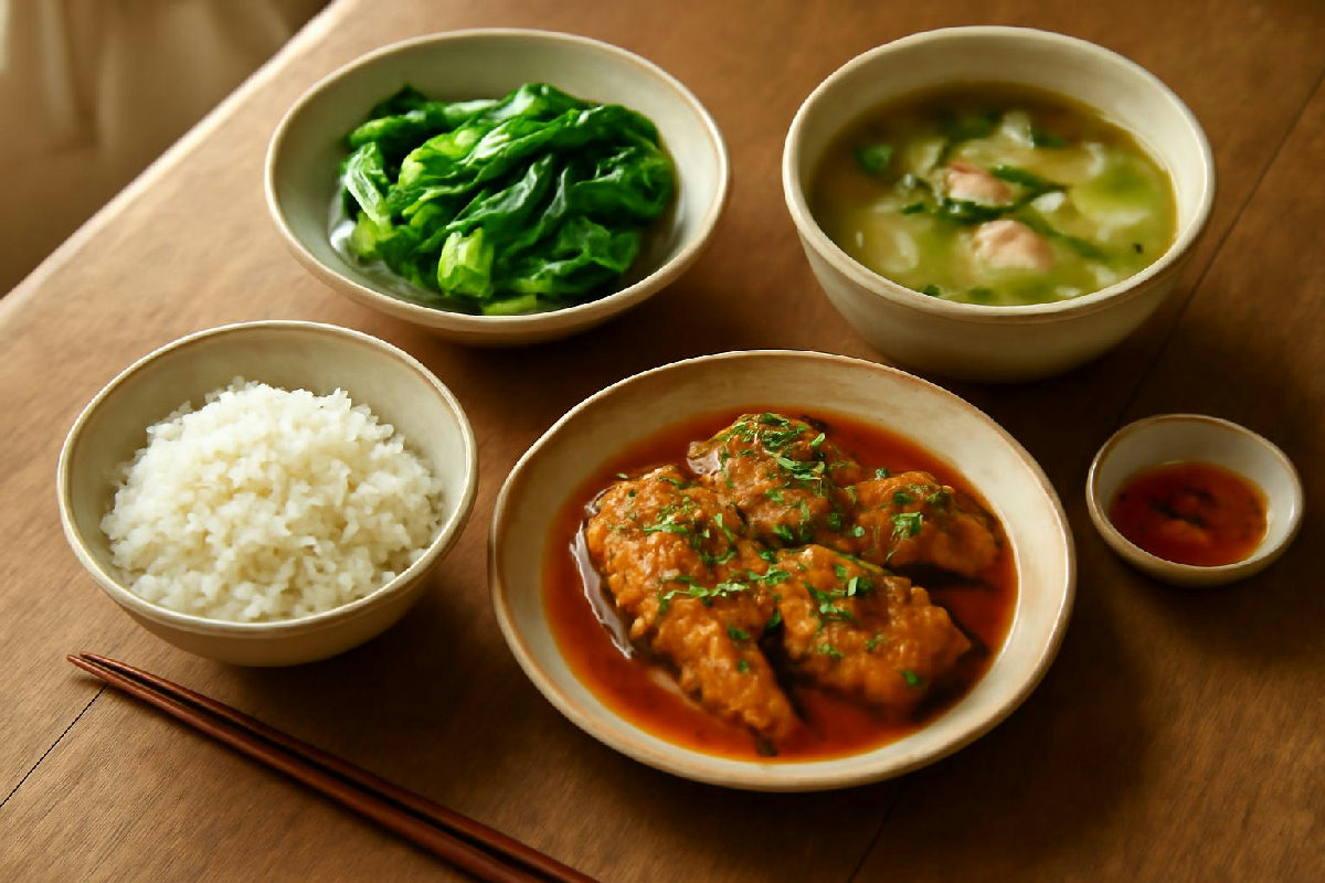 Mâm cơm Việt với cơm, cá kho, rau luộc và canh trên bàn gỗ