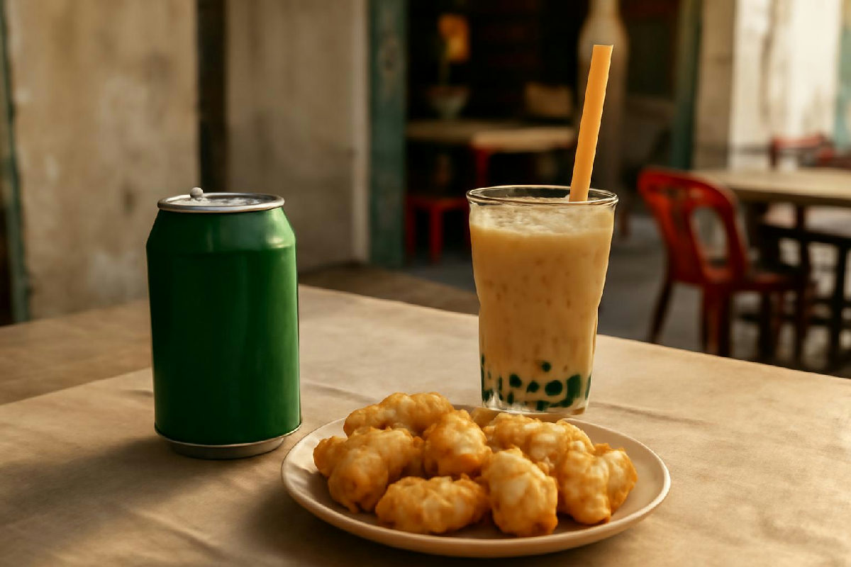 ly trà sữa, lon nước ngọt và lon bia trên bàn